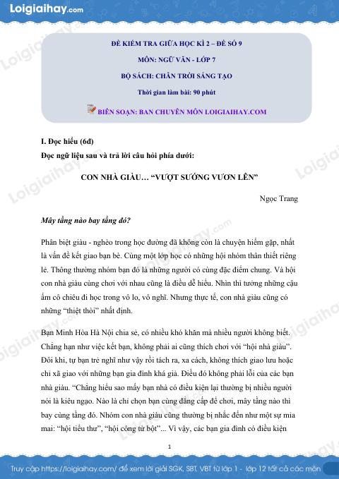 Đề thi giữa kì 2 Văn 7 Chân trời sáng tạo - Đề số 9